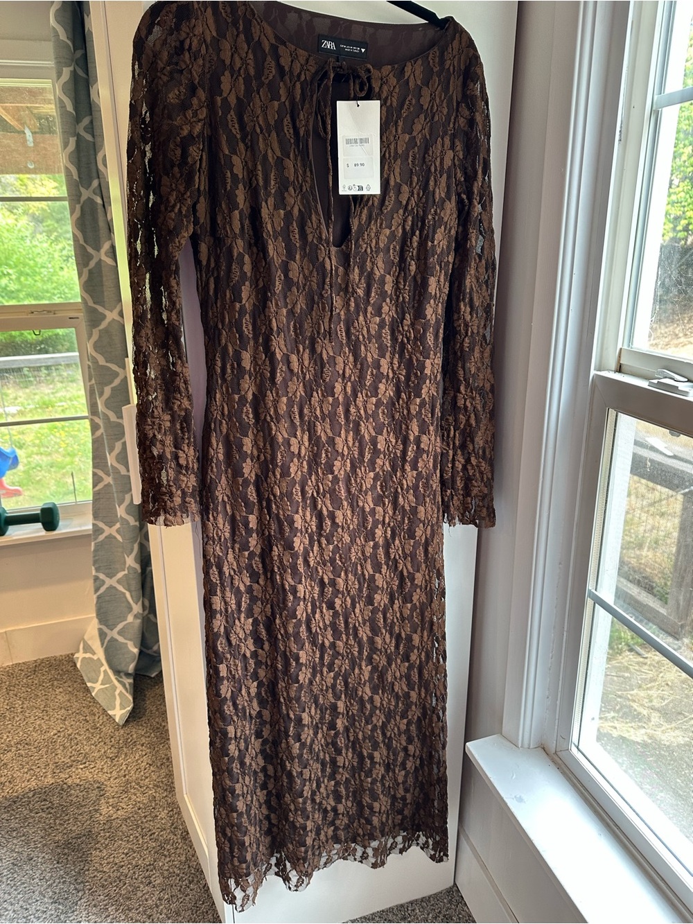 Zara Brown Lace Long Sleeve Midi Dress size M